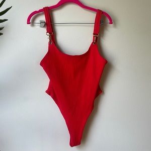 Red spandex bodysuit with chain lock class brand new
